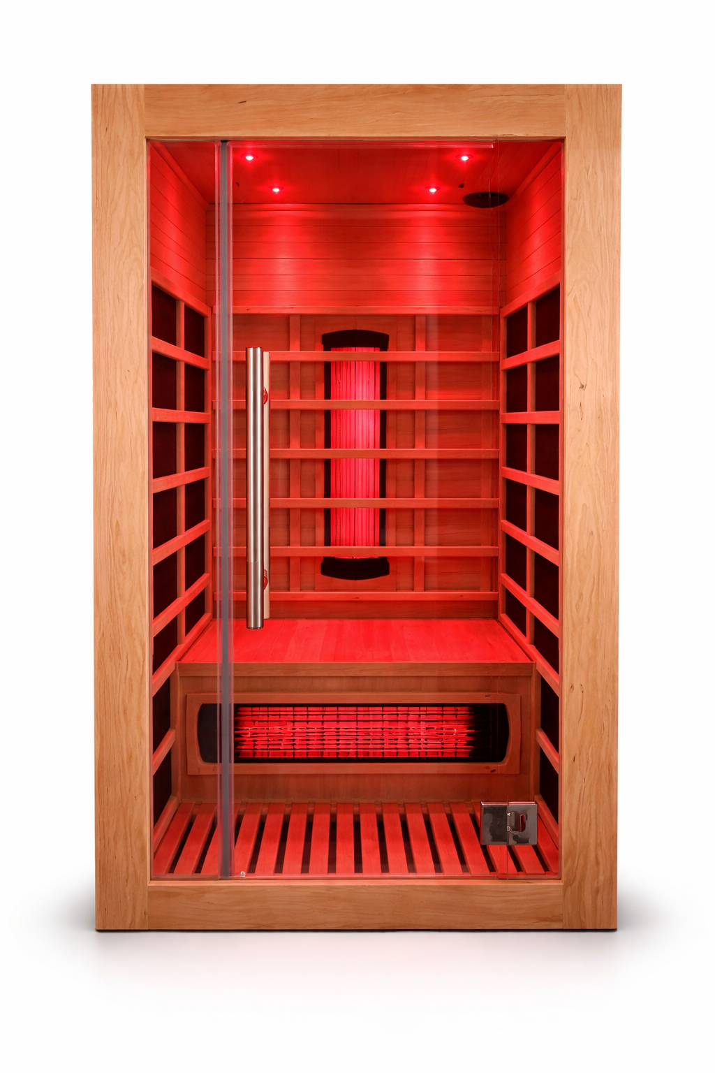 Solo+ Full-Spectrum Infrared Sauna interior with red light chromotherapy