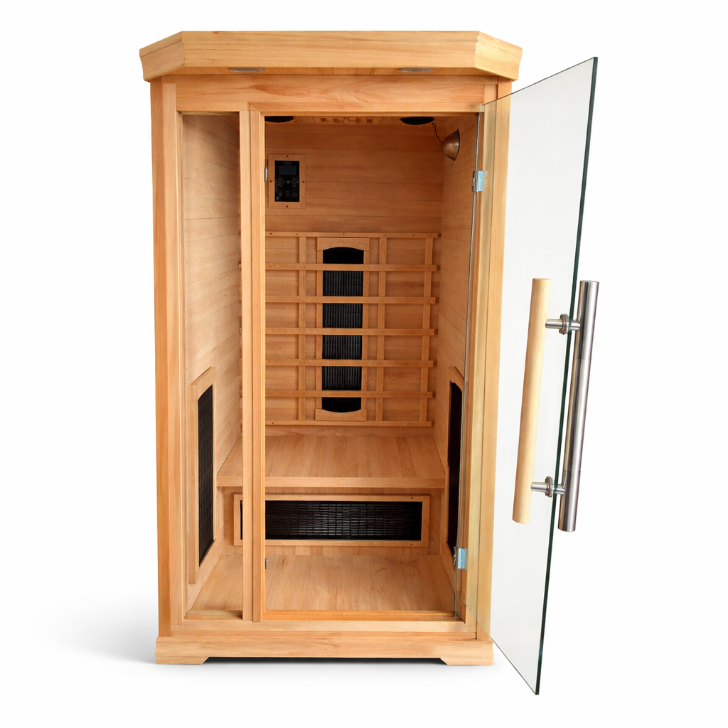 Solo Indoor Infrared Sauna with door open showing ceramic far-infrared heater panels