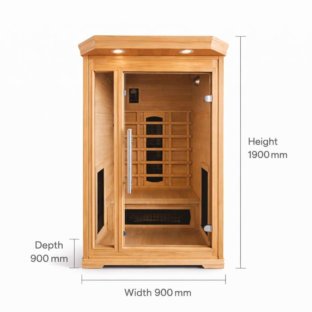 Solo Indoor Infrared Sauna dimensions diagram, 900 x 900 x 1900mm