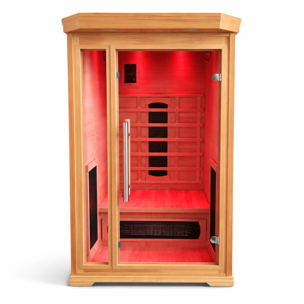 Solo Indoor Infrared Sauna interior lit with red chromotherapy lighting