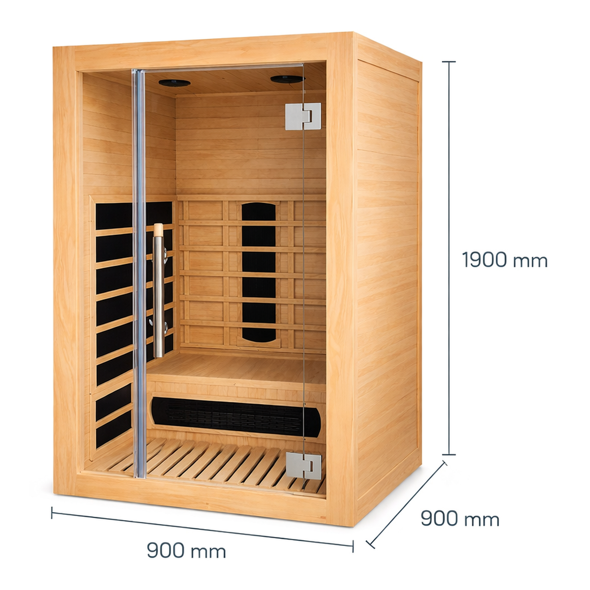 Solo+ Full-Spectrum Infrared Sauna dimensions diagram, 900 x 900 x 1900mm